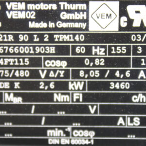 VEM K21R 90 L 2 TPM140 Elektromotor 60 Hz 2,6 kW -unused-