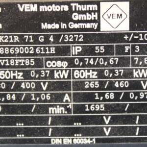 VEM K21R 71 G 4 / 3272 Elektromotor 50/60 Hz 0,37 kW -unused-