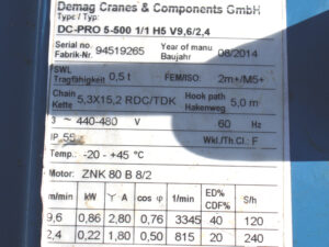 Kettenzug 0,5 to Demag DC-PRO 5-500 1/1 H5 V9,6/2,4 -used-