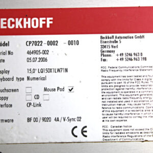 BECKHOFF CP7022-0002 Baujahr 2006 Control Panel Mouse Pad -used-