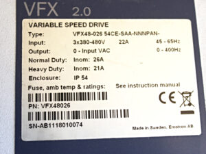 Emotron VFX 2.0 VFX48-026 54CE-SAA-NNNPAN- Speed Drive -used-