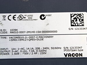 Vacon VACON0010-1L-0007-2-MACHINERY+SM01+EMC2+QPES+DLDE Umrichter -used-